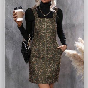 Floral Print Zip Up Corduroy Overall Dress